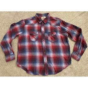 VTG Wrangler Men Large Red Blue Plaid  Flannel LS Pearlsnap Shirt Western Cowboy
